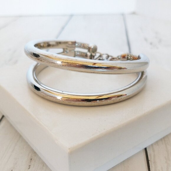 Bangle Bracelet Silvertone Fashion Jewelry Double Bangle Coastal Grandma Classic - Picture 1 of 11